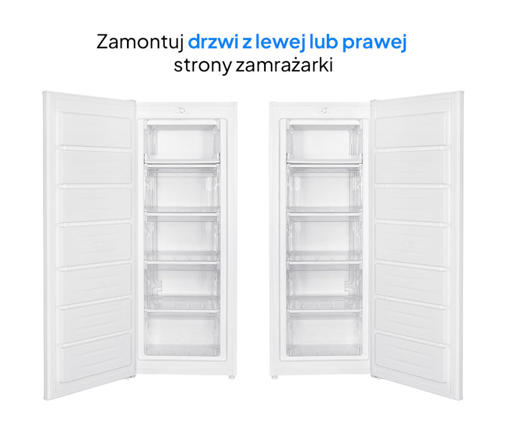 Dwie białe zamrażarki z otwartymi drzwiami, każda z pięcioma przezroczystymi półkami. Tekst na górze obrazu: \'Zamontuj drzwi z lewej lub prawej strony zamrażarki\'.