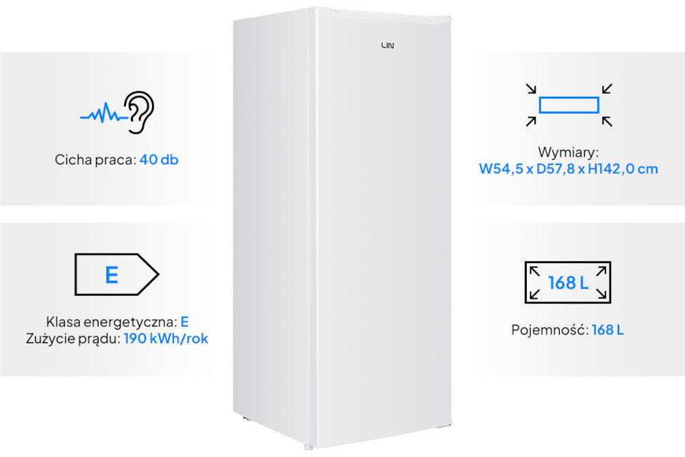 Biała zamrażarka LIN z logo na górze, o wymiarach W54,5 x D57,8 x H142,0 cm i pojemności 168 L. Klasa energetyczna E, zużycie prądu 190 kWh/rok, cicha praca 40 db.