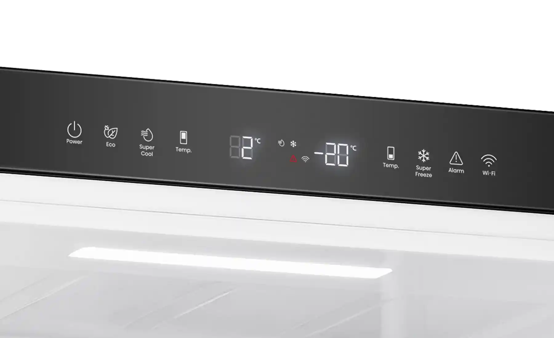 Panel sterowania lodówki z wyświetlaczem temperatury 8°C i -20°C oraz ikonami: Power, Eco, Super Cool, Temp., Super Freeze, Alarm, Wi-Fi.