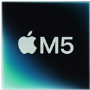 Logo z symbolem jabłka i tekstem \'M5\' na ciemnym tle z gradientem zieleni i błękitu.