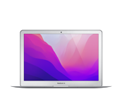 Laptop z wyświetlaczem pokazującym gradientowe tło w odcieniach różu i fioletu. Na dolnej ramce ekranu widoczny jest napis \'MacBook Air\'.