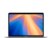 Laptop z otwartym ekranem wyświetlającym kolorowy gradient w odcieniach pomarańczowego i niebieskiego. Na dolnej ramce ekranu widoczny jest napis \'MacBook Pro\'.