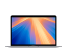 Laptop z wyświetlaczem pokazującym kolorowy gradient w odcieniach pomarańczowego i niebieskiego. Obudowa jest w ciemnym kolorze, a na ekranie nie ma widocznego tekstu.