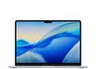 Laptop z wyświetlaczem pokazującym abstrakcyjną grafikę w odcieniach niebieskiego i żółtego. Obudowa jest w kolorze ciemnym, a na ekranie widoczny jest wcięcie na kamerę.