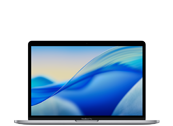 Laptop z wyświetlaczem pokazującym abstrakcyjną grafikę w odcieniach niebieskiego i żółtego. Obudowa jest w ciemnym kolorze.