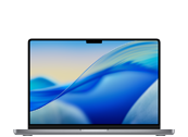 Laptop z wyświetlaczem pokazującym abstrakcyjną grafikę w odcieniach niebieskiego i żółtego. Obudowa jest w ciemnym kolorze, a ekran ma cienkie ramki.