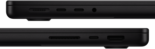 Obraz przedstawia dwa widoki boczne laptopa w kolorze czarnym, z widocznymi portami USB-C, gniazdem słuchawkowym oraz innymi złączami. Na dolnym widoku widać dodatkowe złącze HDMI i czytnik kart pamięci.