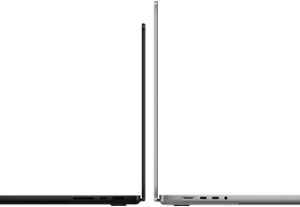 Dwa laptopy ustawione tyłem do siebie, jeden w kolorze czarnym, drugi srebrnym. Oba mają cienką konstrukcję i widoczne porty po bokach.