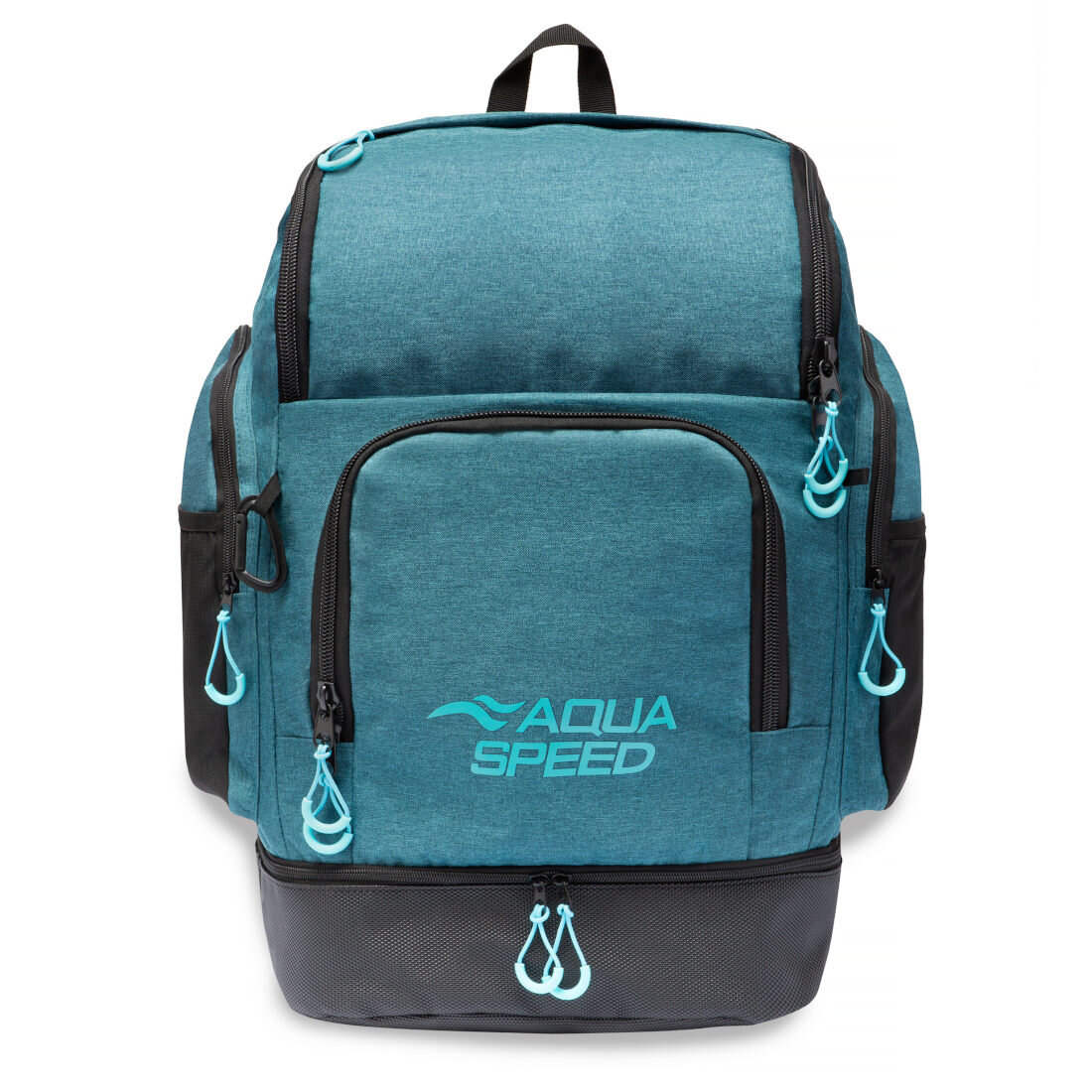 Plecak w kolorze turkusowym z czarnymi elementami, posiada wiele kieszeni zamykanych na zamek. Na przedniej kieszeni widoczne jest logo \'AQUA SPEED\'.