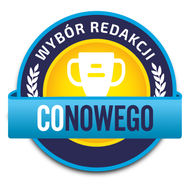 Odznaka z napisem \'WYBÓR REDAKCJI\' na górze i \'CO NOWEGO\' na niebieskiej wstędze, z ikoną pucharu na żółtym tle w centrum.