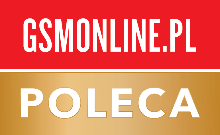 Obraz przedstawia dwa prostokątne pola. Górne pole jest czerwone z białym napisem \'GSMONLINE.PL\', a dolne jest złote z białym napisem \'POLECA\'.