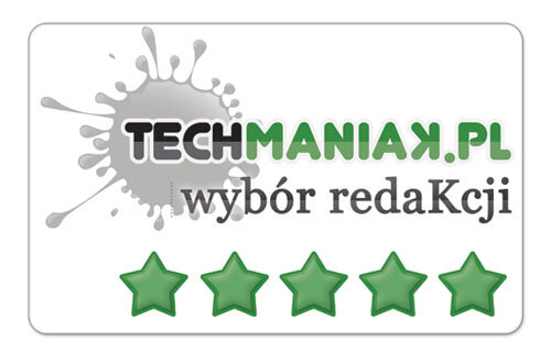 Logo z napisem \'TECHMANIAK.PL wybór redakcji\' oraz pięć zielonych gwiazdek poniżej.