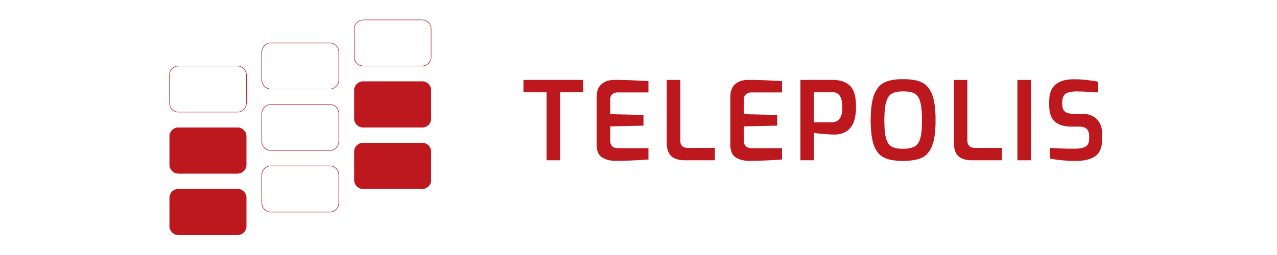 Logo składa się z czerwonych i białych kwadratów ułożonych w kształt litery \'T\', obok znajduje się napis \'TELEPOLIS\' w czerwonym kolorze.