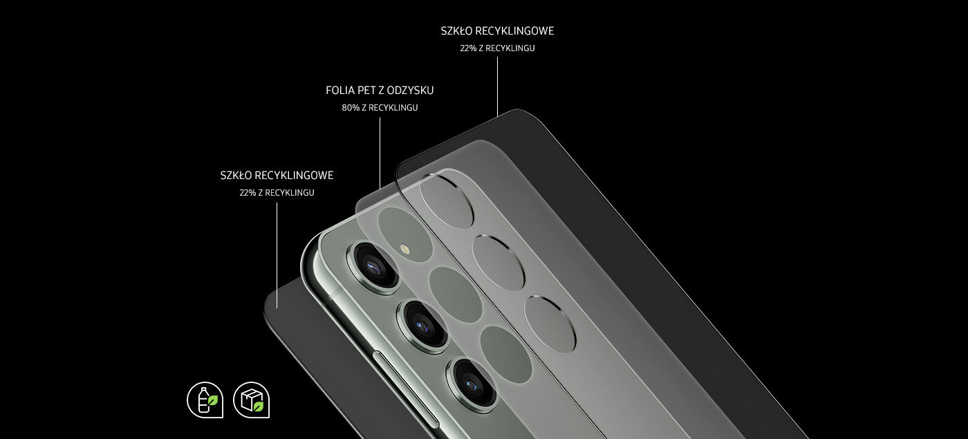 Otwórz się na zmianę, którą chcesz obserwować na świecie. Odkryj smartfon wykonany z przetworzonego szkła i folii PET, barwiony naturalnymi barwnikami i umieszczony w pudełku wyprodukowanym z przetworzonego papieru i papierowej folii ochronnej Obraz przedstawia tylną część smartfona z trzema aparatami. Widoczne są napisy: \'SZKŁO RECYKLINGOWE 22% Z RECYKLINGU\', \'FOLIA PET Z ODZYSKU 80% Z RECYKLINGU\'.
