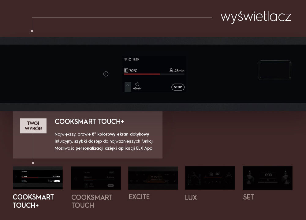 Obraz przedstawia wyświetlacz piekarnika z funkcją CookSmart Touch+, z widocznym kolorowym ekranem dotykowym pokazującym temperaturę 70°C i czas 45 minut. Na dole znajdują się różne tryby wyświetlacza: CookSmart Touch+, CookSmart Touch, Excite, Lux, Set.