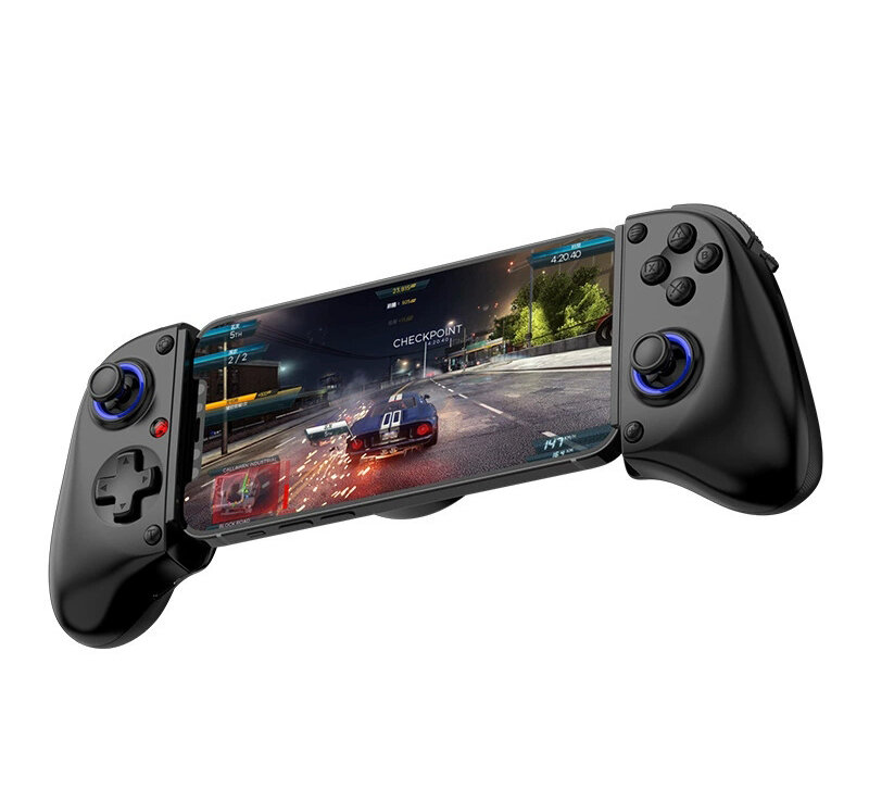 Rozsuwany gamepad z zamontowanym smartfonem, na którym wyświetlana jest gra wyścigowa. Gamepad posiada przyciski i analogowe drążki po obu stronach.