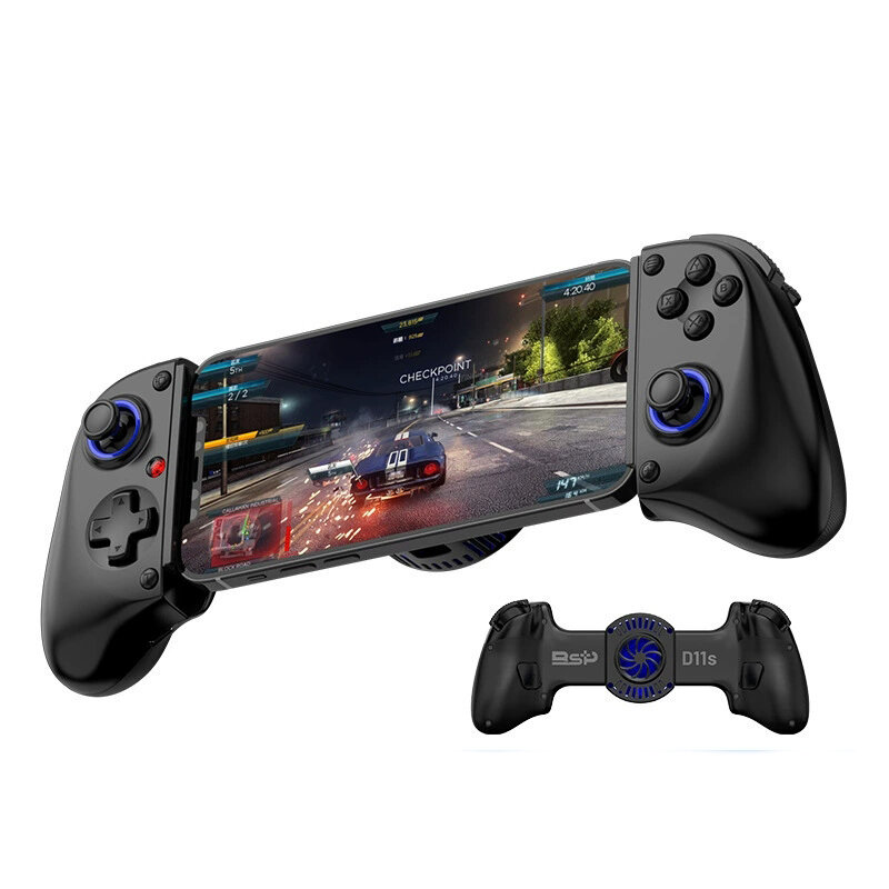 Rozsuwany gamepad z zamontowanym smartfonem, na którym wyświetlana jest gra wyścigowa. Na gamepadzie widoczne są przyciski i analogi, a poniżej znajduje się widok tylnej części z logo \'BSP\' i oznaczeniem \'D11s\'.
