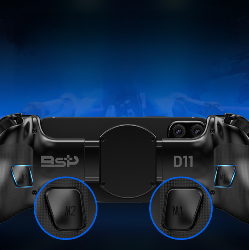 Czarny gamepad z oznaczeniami \'Bsp\' i \'D11\', posiada przyciski oznaczone jako \'M1\' i \'M2\'. W tle widoczny jest niebieski gradient.