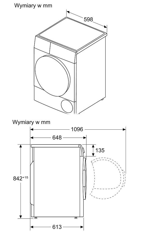 Schemat suszarki z wymiarami w milimetrach: szerokość 598, głębokość 613, wysokość 842+15, głębokość z otwartymi drzwiami 1096, głębokość bez drzwi 648, odstęp drzwi 135. Widoczne są dwa rysunki przedstawiające widok z przodu i z boku urządzenia.