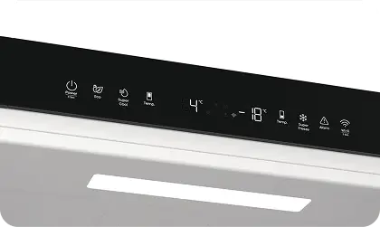 Panel sterowania lodówki z wyświetlaczem cyfrowym pokazującym temperaturę 4°C oraz ikonami funkcji, takimi jak Power, Stop, Super Cool, Temp, Super Freeze, Alarm i WiFi. Panel jest czarny z białymi symbolami i tekstem.