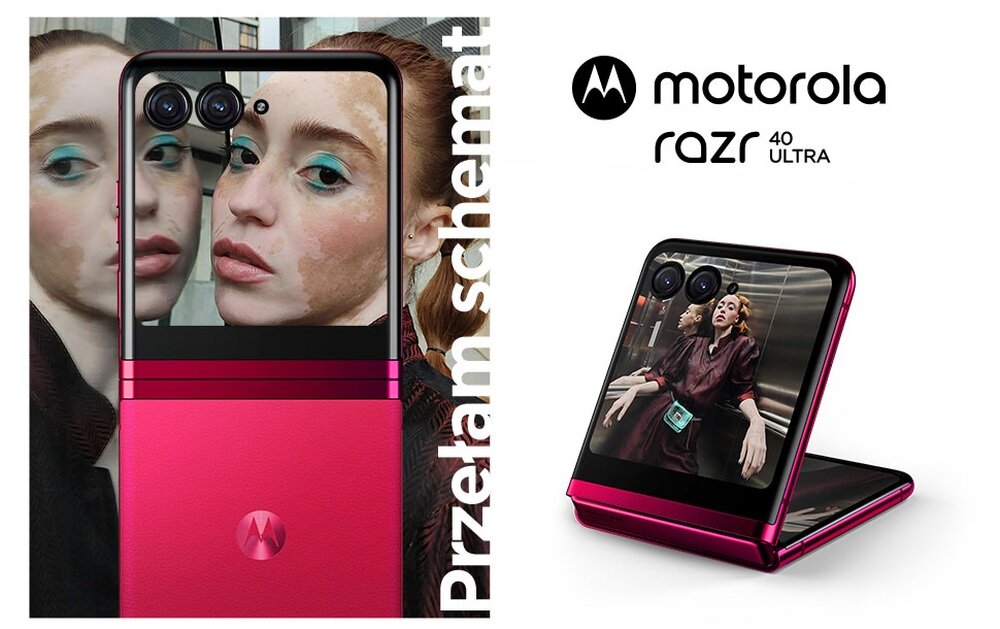 Obraz przedstawia dwa ujęcia smartfona z klapką w kolorze różowym, z widocznym logo Motorola. Po lewej stronie widoczny jest napis \'Przełam schemat\'.