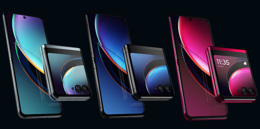 Na obrazie widoczne są trzy smartfony w różnych kolorach, każdy z nich ma wyświetlacz z zakrzywionymi liniami i dwa obiektywy aparatu. Jeden z telefonów pokazuje godzinę 11:35 na zewnętrznym ekranie.