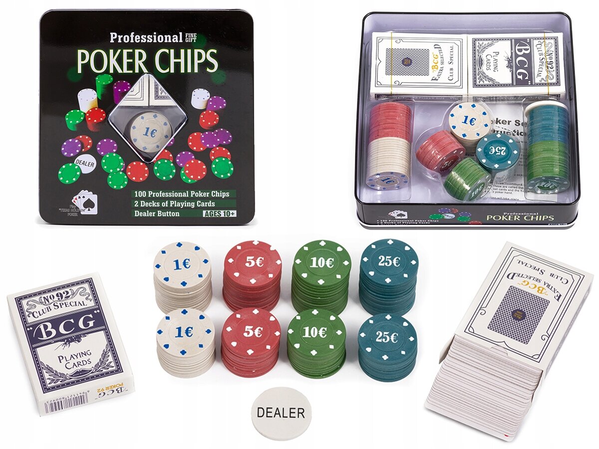 Zestaw do pokera zawiera żetony o nominałach 1€, 5€, 10€, 25€, dwie talie kart BCG oraz przycisk DEALER. Opakowanie opisane jest jako \'Professional Poker Chips\' i zawiera 100 żetonów oraz 2 talie kart do gry.