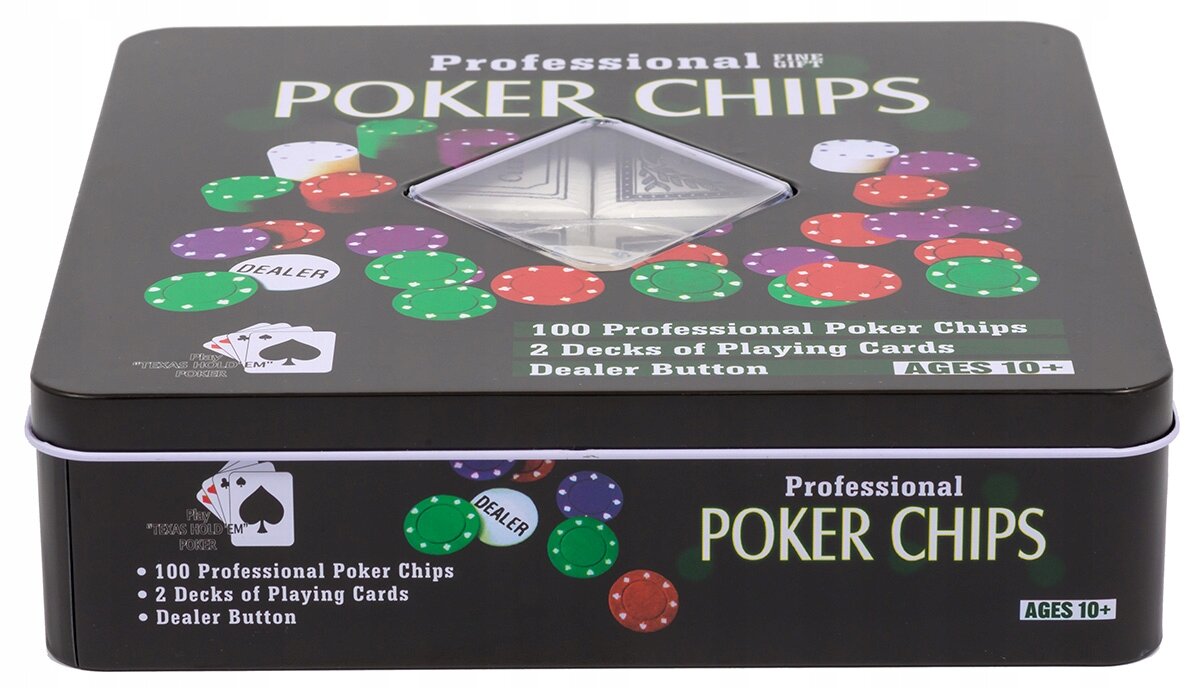 Metalowe pudełko z napisem \'Professional POKER CHIPS\' zawiera 100 profesjonalnych żetonów pokerowych, 2 talie kart do gry i przycisk dealera. Na wieczku widoczne są kolorowe żetony oraz okienko ukazujące karty.