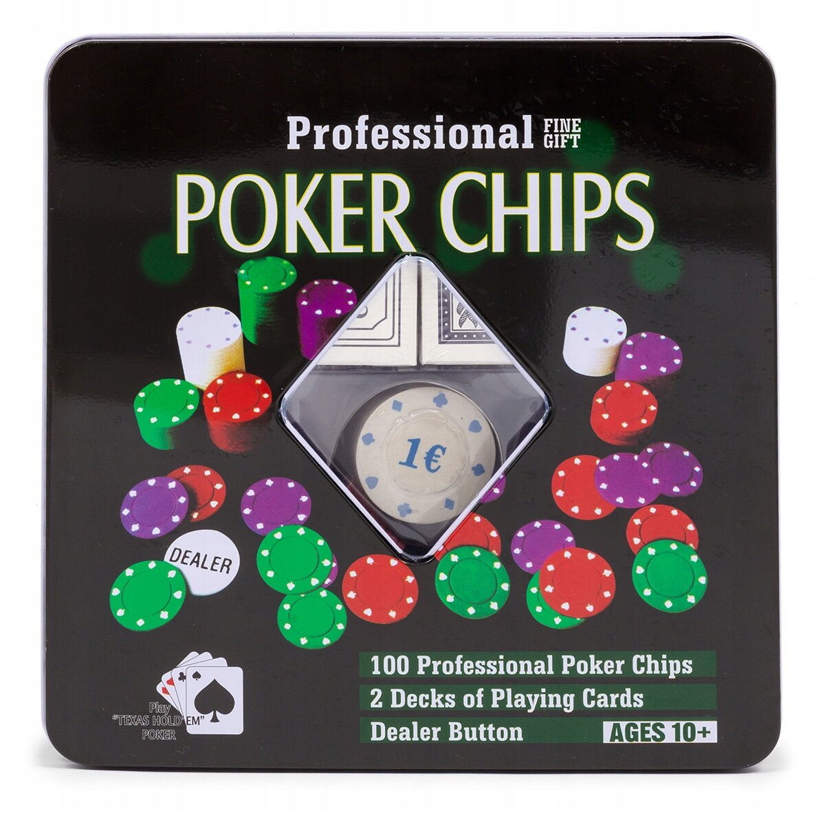 Opakowanie zestawu do pokera z napisem \'Professional Poker Chips\' i widocznymi żetonami oraz kartami. Na dole opakowania znajduje się tekst: \'100 Professional Poker Chips, 2 Decks of Playing Cards, Dealer Button, Ages 10+\'.