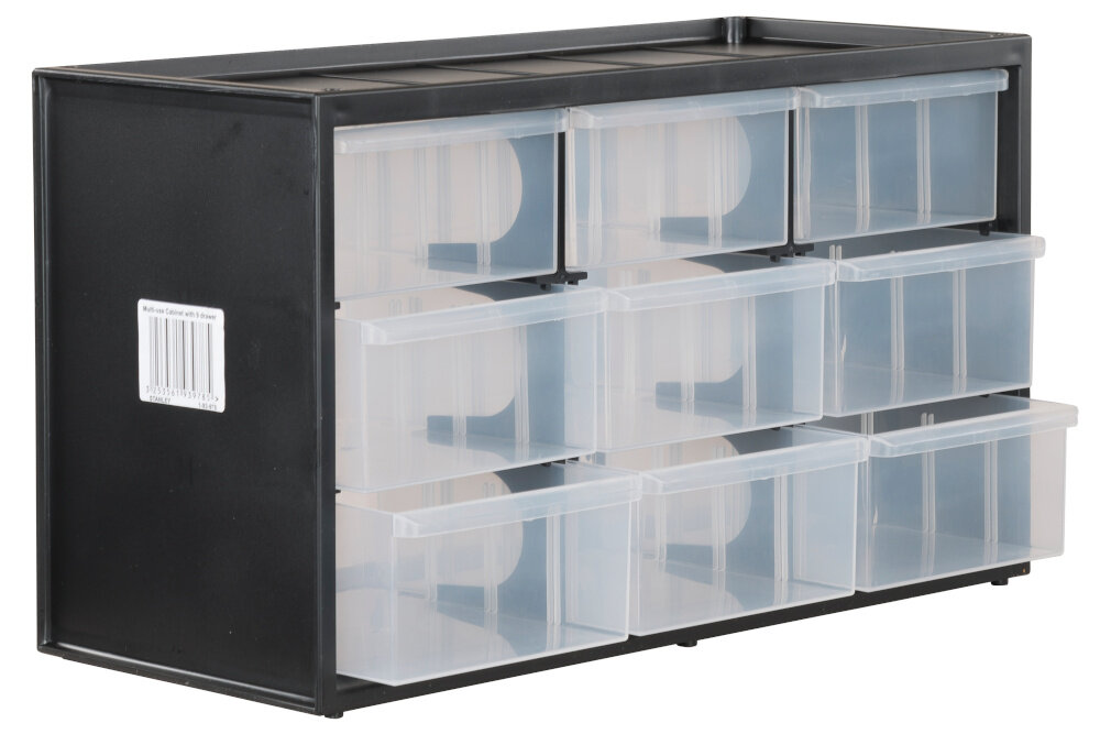 Organizer STANLEY 1-93-978 organizer na białym tle widoczny od przodu pod skosem lekko wysunięte pojemniki z szufladami dziewięć pojemników wymiary 365 × 155 × 213 mm
