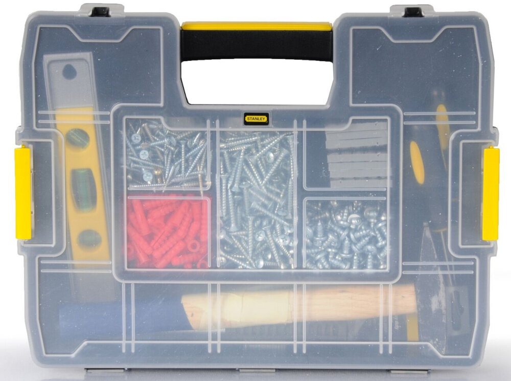 Organizer STANLEY Sort Master Junior 1-97-483 zamknięty organizer na białym tle pojemniki wypełnione akcesoriami do bezpiecznego przechowywania i transportu drobnych elementów solidne materiały ochrona przed kurzem wilgocią i przypadkowymi uszkodzeniami