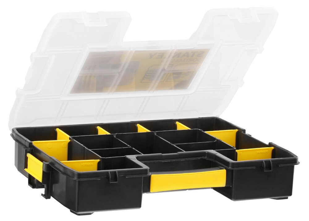Organizer STANLEY Sort Master Junior 1-97-483 otwarty organizer na białym tle pokrywa z przezroczystego poliwęglanu szybki przegląd zawartości kontrolowanie stanu zapasów planowanie uzupełnień