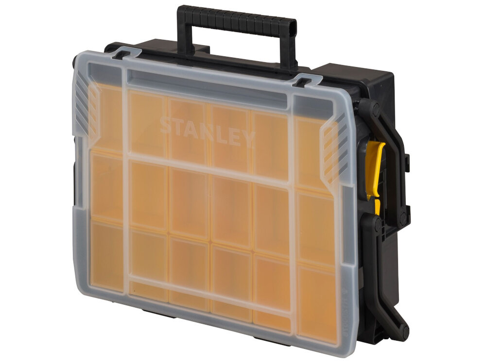 Organizer STANLEY STST1-75540 organizer na białym tle widoczny od przodu pod skosem możliwość zintegrowania z produktami z serii SortMaster Junior jednoczesne przenoszenie nawet trzech organizerów w jednej ręce efektywność pracy w terenie ułatwia transport wielu narzędzi jednocześnie