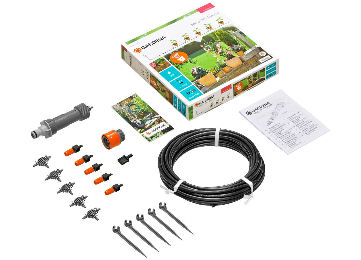 Zestaw do nawadniania GARDENA Micro-Drip-System 13000-20 (10 m), regulowane, technologia, zapchanie, konstrukcja, na białym tle w pełni rozpakowana zawartość całego zestawu do nawadniania