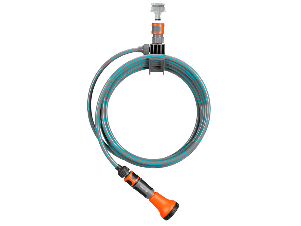 Zestaw GARDENA City Gardening wąż spiralny zraszacz natrysk 3/8 cala 7.5 m 18411-20 zestaw na białym tle wygodne nawadnianie balkonów tarasów niewielkich ogrodów podlewanie nie wymaga przenoszenia ciężkich konewek oszczędność czasu i energii
