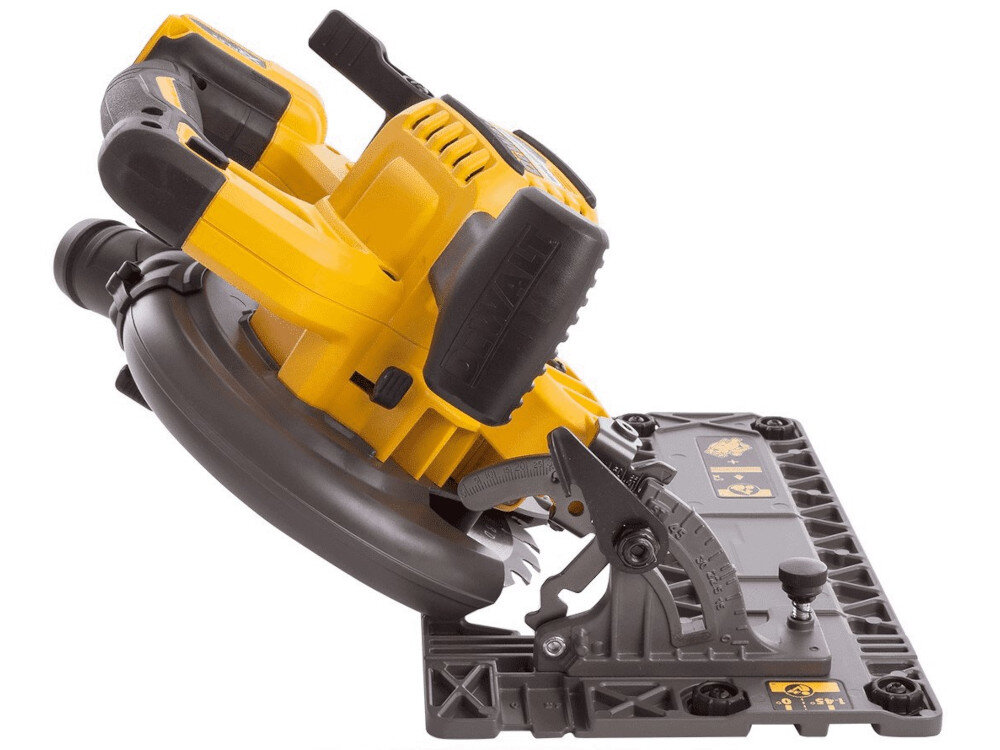 Pilarka tarczowa DEWALT DCS576N-XJ innowacyjny mechanizm wykonywania precyzyjnych cięć wgłębnych w drewnie maksymalna grubość ciętego materiału do 61 mm cięcie pod kątem 45 stopni do 43 mm pod kątem 90 stopni do 61 mm systeme szyb prowadzących DEWALT