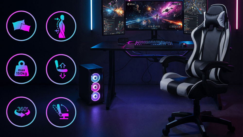 Na obrazie znajduje się czarno-niebieski fotel gamingowy przy biurku z dwoma monitorami, klawiaturą i komputerem z podświetleniem RGB. Obok widoczne są ikony przedstawiające funkcje fotela, takie jak poduszki, ergonomia, maksymalne obciążenie 150 kg, regulacja wysokości, obrót 360 stopni i regulacja oparcia.