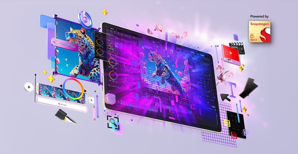 Obraz przedstawia tablet z wyświetlaczem pokazującym kolorową grafikę z gepardem. W prawym górnym rogu widnieje logo \'Powered by Snapdragon 8 Gen 3\'.