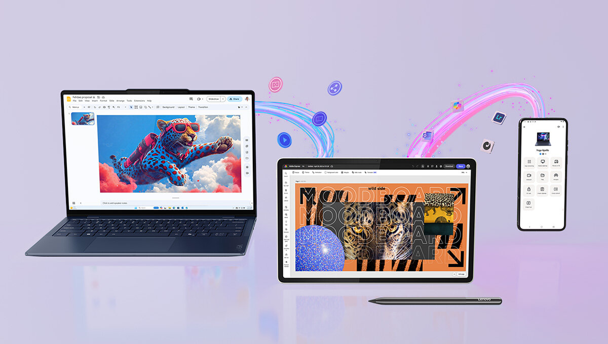 Na obrazie widoczne są trzy urządzenia elektroniczne: laptop, tablet z rysikiem oraz smartfon, na tle fioletowego gradientu. Tablet wyświetla kolorową grafikę z napisem \'MOODBOARD\'.
