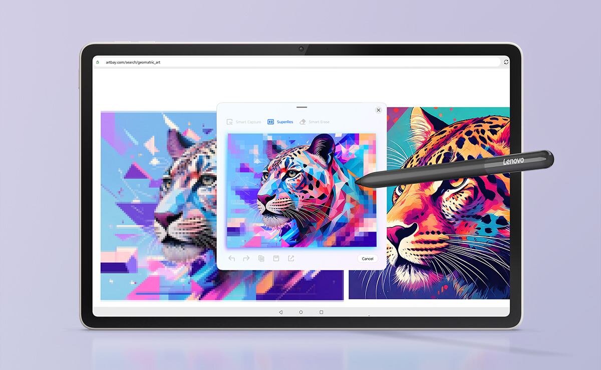 Tablet z wyświetlaczem przedstawiającym kolorową grafikę tygrysa oraz rysik z logo \'Lenovo\'.