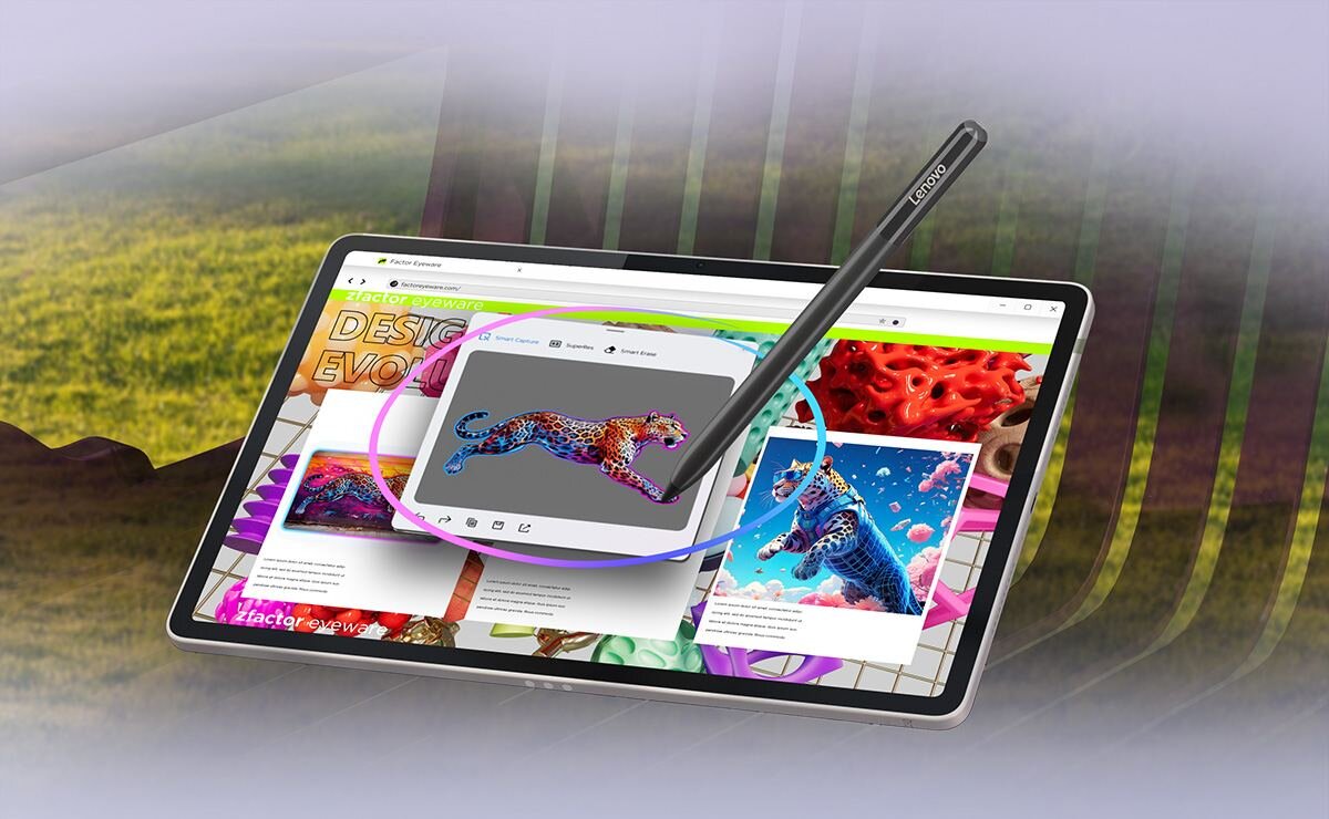 Tablet z wyświetlaczem prezentującym kolorowe grafiki, obok którego znajduje się rysik z logo \'Lenovo\'.