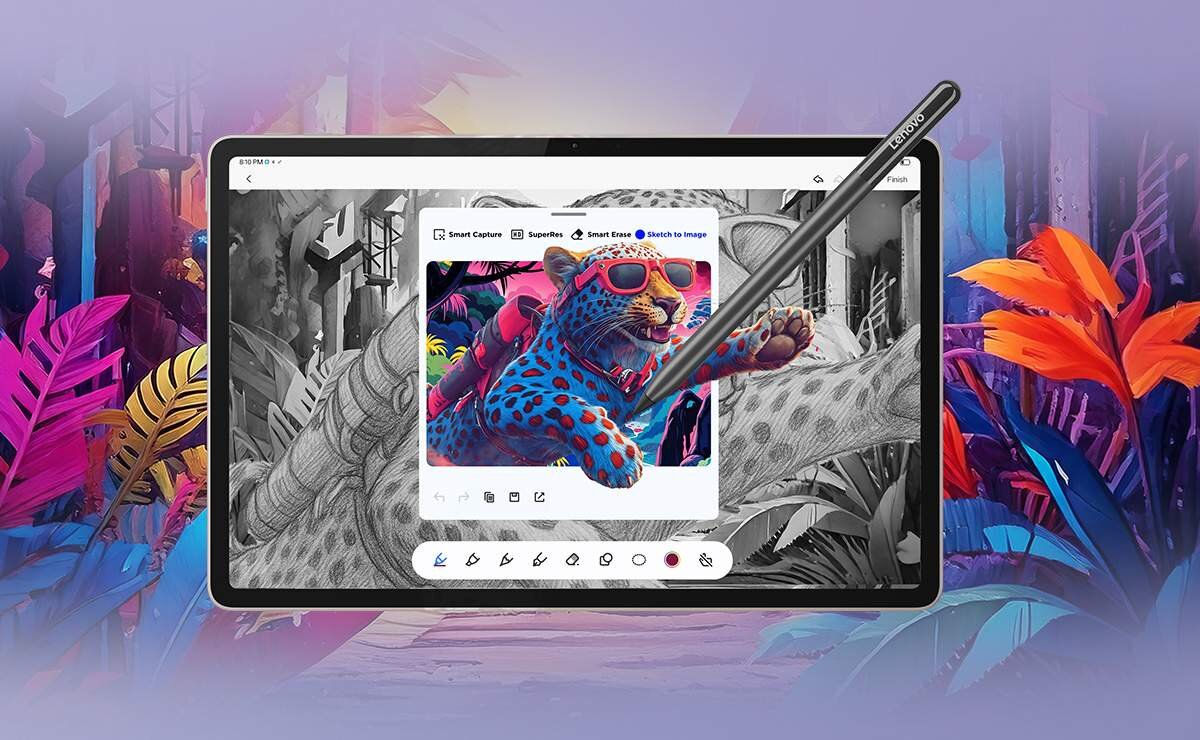 Tablet z kolorowym ekranem wyświetlającym obraz lamparta w okularach przeciwsłonecznych, otoczony kolorowymi liśćmi. Obok tabletu znajduje się rysik z napisem \'Lenovo\'.