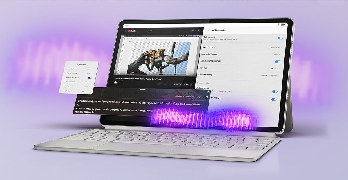 Tablet z klawiaturą i rysikiem wyświetla obraz lamparta na gałęzi oraz menu z opcjami edycji. Na ekranie widoczny jest również tekst: \'When using adjustment layers, working non-destructively is the best way to keep information if you need to make later...\' oraz \'All other que es ajuste no destructivo es la mejor forma de...\' z fioletową wizualizacją dźwięku poniżej.