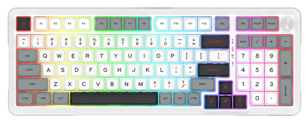 Klawiatura z podświetleniem RGB, posiada klawisze numeryczne oraz dodatkowe przyciski funkcyjne. Widoczne są napisy: \'ESC\', \'SHIFT\', \'CTRL\', \'ALT\', \'ENTER\', \'BACKSPACE\', \'INS\', \'DEL\', \'HOME\', \'END\', \'PGUP\', \'PGDN\', \'NUM\', \'CAPS\', \'SCROLL\', \'PAUSE\', \'BREAK\'.