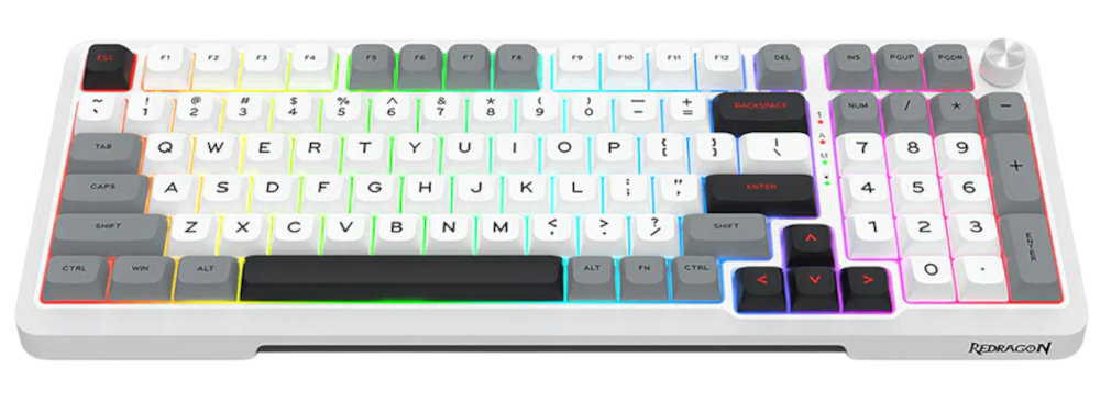 Klawiatura mechaniczna z podświetleniem RGB, posiada białe i szare klawisze oraz dodatkowe przyciski multimedialne. Na obudowie widoczne jest logo \'REDRAGON\'.