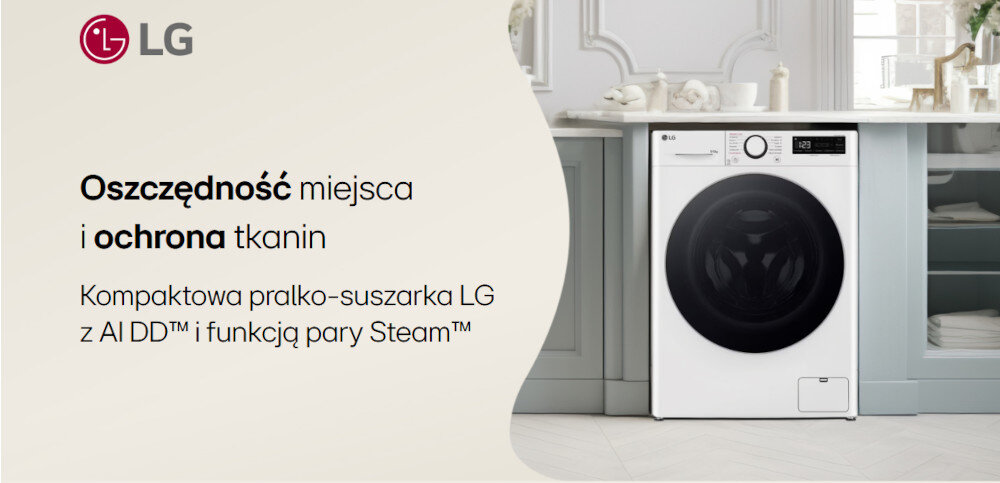 Obraz przedstawia pralko-suszarkę LG umieszczoną w eleganckiej kuchni. Tekst na obrazie: \'Oszczędność miejsca i ochrona tkanin Kompaktowa pralko-suszarka LG z AI DD™ i funkcją pary Steam™\'.