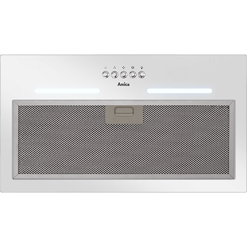 Biały okap kuchenny z metalowym filtrem i przyciskami sterującymi na górze. Widoczne logo \'Amica\' oraz wskaźniki świetlne.