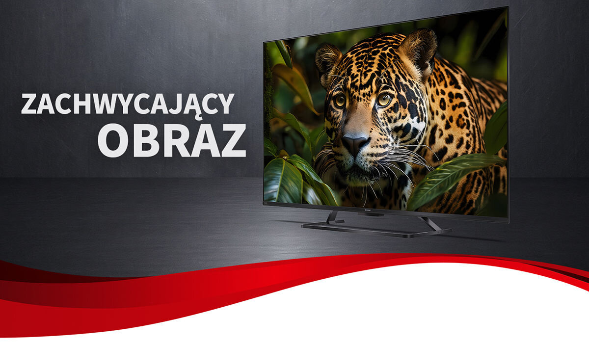 Telewizor wyświetla obraz jaguara wśród zielonych liści. Obok widoczny jest tekst: \'ZACHWYCAJĄCY OBRAZ\'.