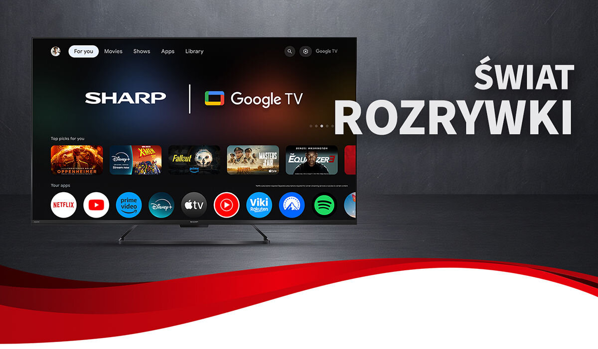Telewizor wyświetla ekran główny z aplikacjami takimi jak Netflix, Prime Video, i Apple TV. Obok telewizora widoczny jest napis \'ŚWIAT ROZRYWKI\'.