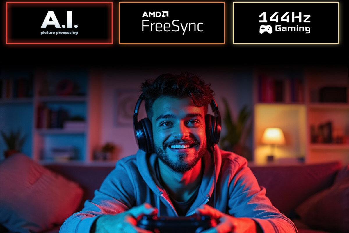 Osoba z uśmiechem na twarzy nosi słuchawki i trzyma kontroler do gier, siedząc w przytulnym pokoju. Nad nią widoczne są napisy: \'A.I. picture processing\', \'AMD FreeSync\', \'144Hz Gaming\'.